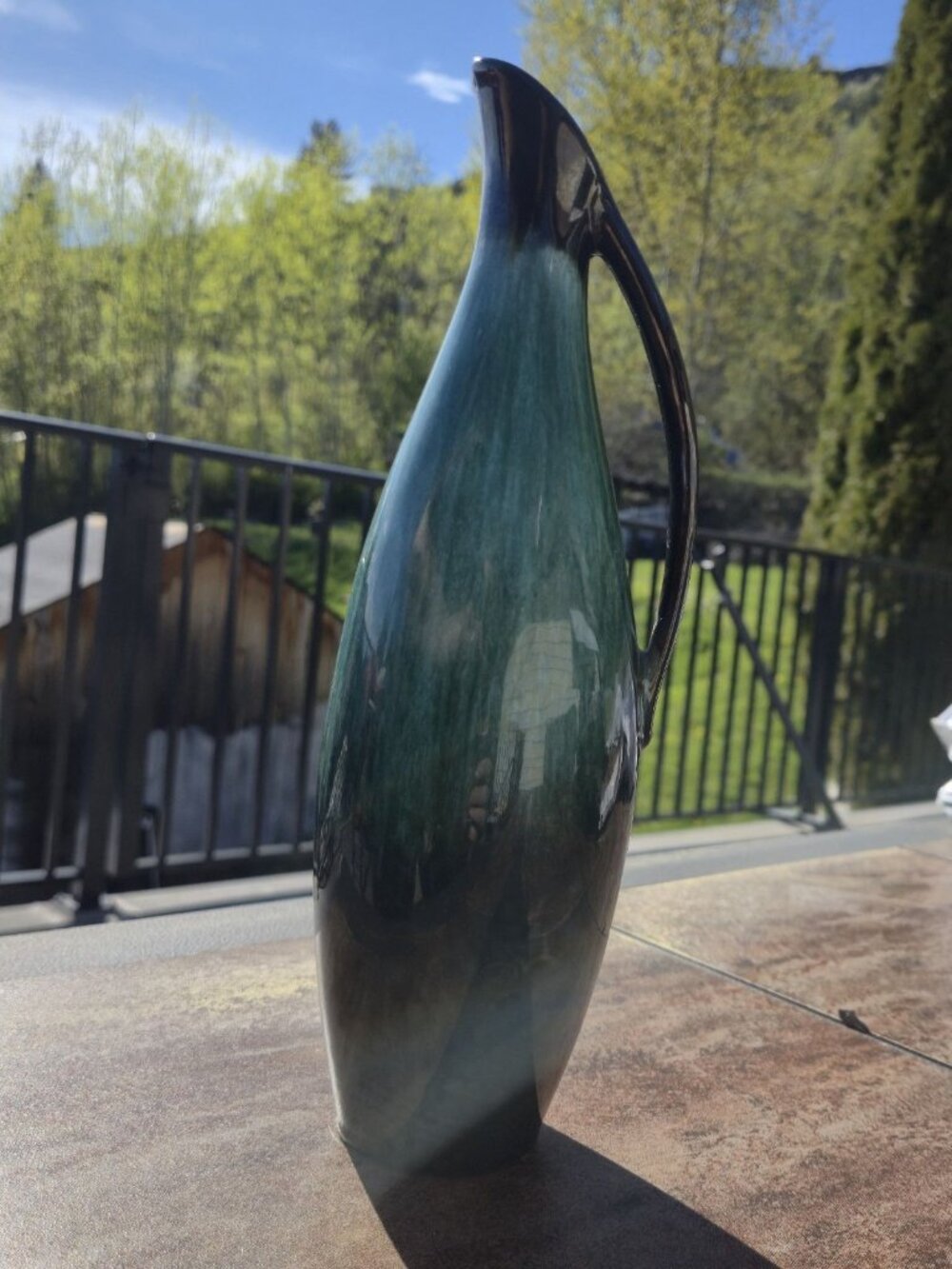 Blue Mountain Pottery Pitcher Green Black Drip Glaze MCM Canada Ewer 12" Vase - Picture 8 of 9